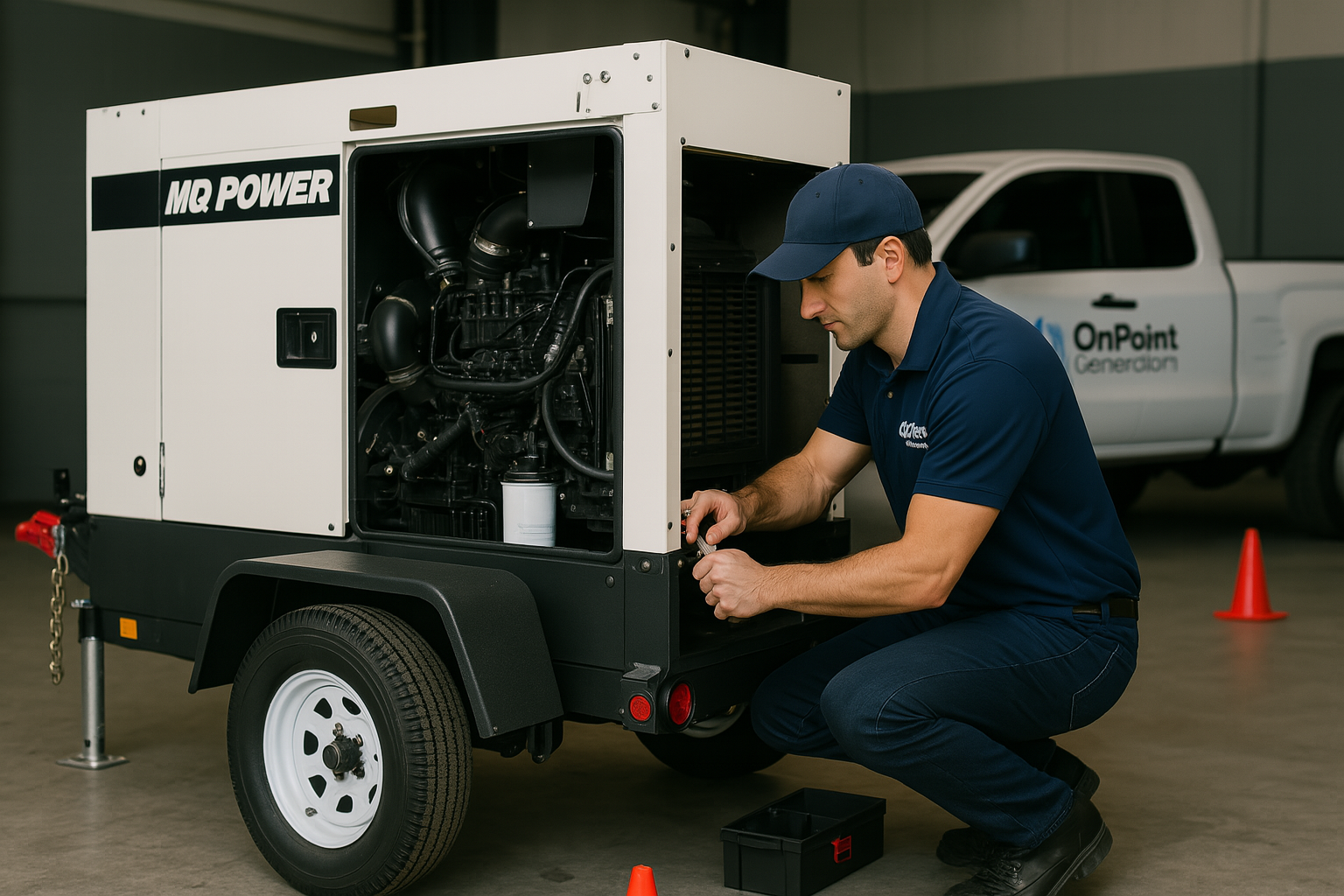 OnPoint Generators certified technician servicing MQ Power portable diesel generator in Tracy, CA shop